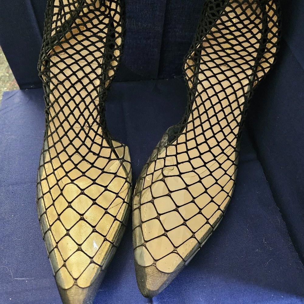 Black Fishnet Slingback Pointed Toe Heels